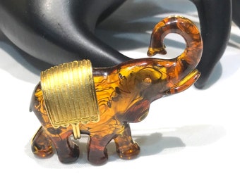 Broche Vintage éléphants – Bois Et Celluloïd Beige, Porte-bonheur, Bijou Ancien 3282