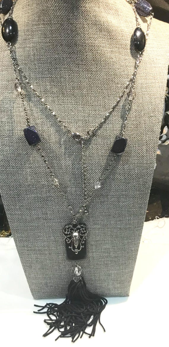 Collier Vintage Perles Et Cristaux Dorés Avec Pampilles - Bijou Ancien - Occasion - Longueur 42 Cm