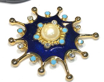 Vintage Jose Maria Barrera for Avon (Roman Holiday) Navy Blue Enamel, Faux Pearl,  Turquoise  and Clear Rhinestone Starburst Brooch/Pendant