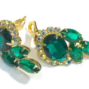 Beautiful Vintage Juliana Green  Glass and Green and AB Rhinestone  Earrings