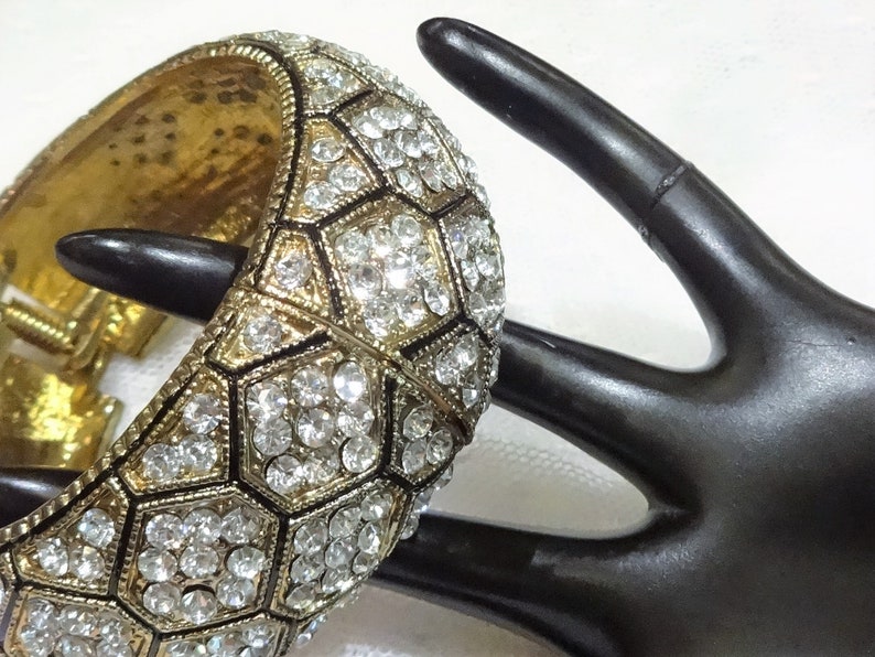 Beautiful Vintage Clear Rhinestone and Black Enamel Honeycomb Pattern Hinged Bangle