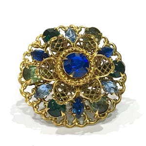 Pretty Vintage Shades of Blue and Green  Rhinestone Golden 3 Tiered Floral Filigree Brooch
