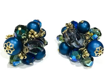 Vintage Vendome AB, Blue, Green Satin Iridescent Twisted Glass Bead Crystal Cluster Earrings