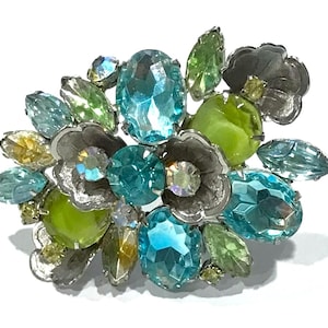 Beautiful Vintage Juliana, Blue and Green and Topaz Givre Glass, Blue, Citrine and AB Rhinestone Metal Accent Brooch