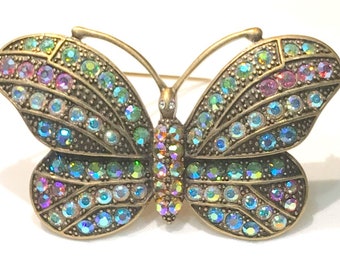 Beautiful and  Colourful Large Kirks Folly Multi Coloured AB Rhinestone Butterfly Brooch