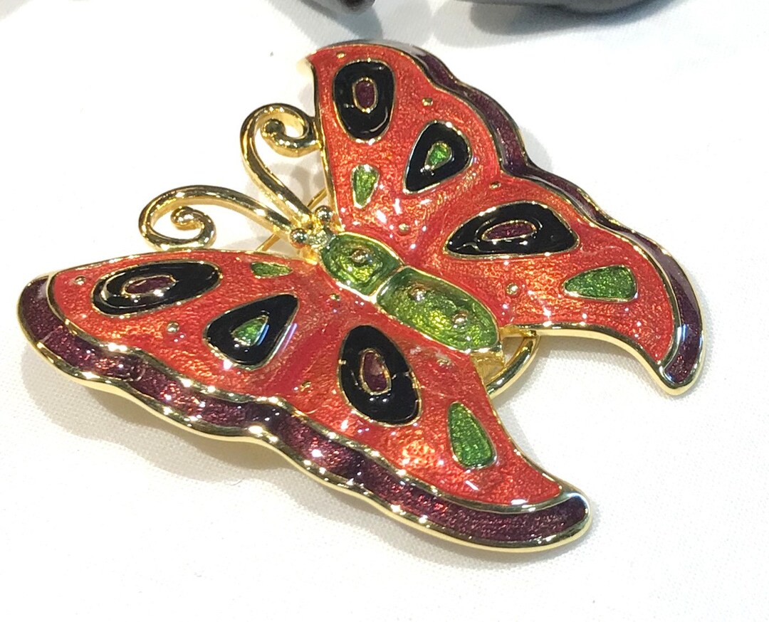 Broche Papillon Vintage En émail Bleu Et Rouge - Or Couleur - État Impeccable - Occasion