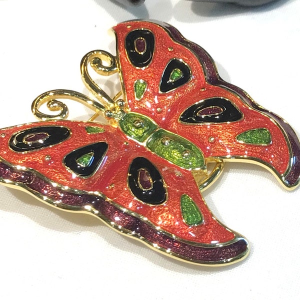 Large  Bob Mackie Red, Green, Black and Copper Enamel  Butterfly  Brooch/Scarf Clip