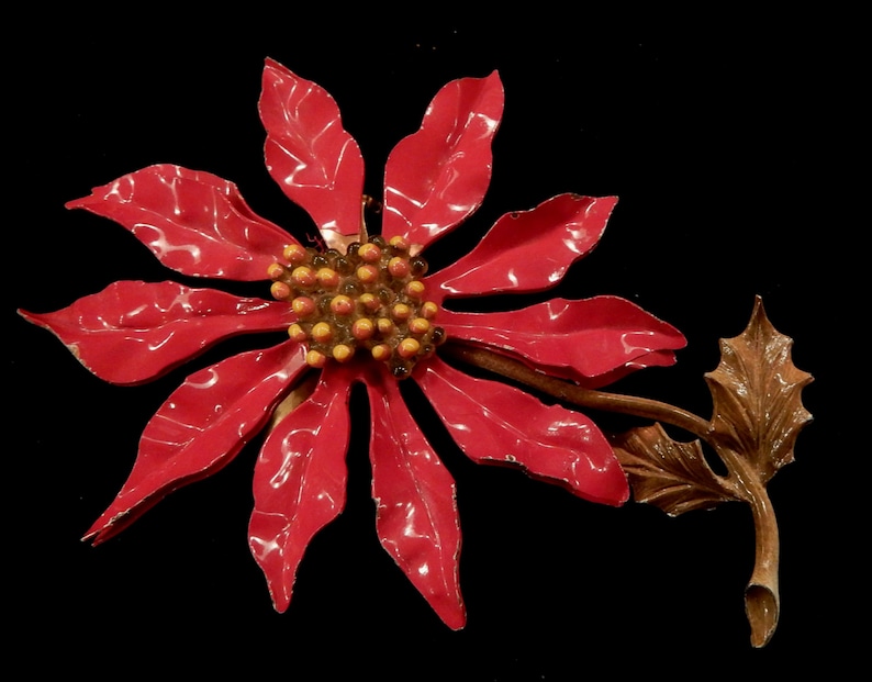 Large Vintage Red Enamel Metal Pointsettia Brooch