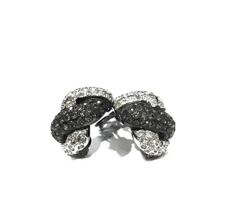 Vintage Replica Italy Rhinestone Clip Earrings: Black Japanned Twisted Rope Design image 3
