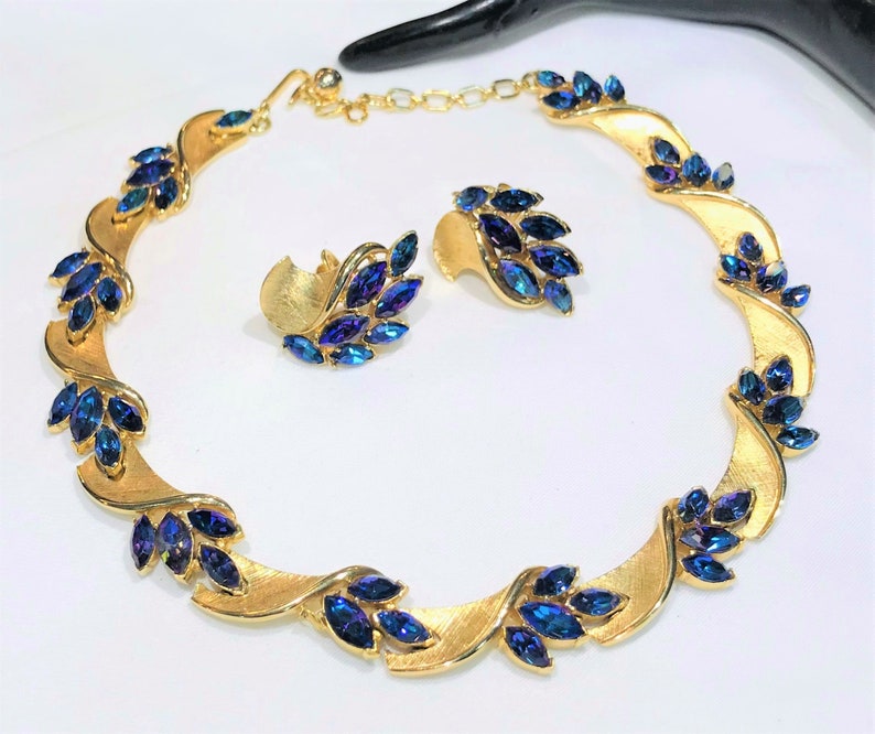 RESERVED REN S Beautiful Vintage Crown Trifari AB Peacock Rhinestone Floral Necklace and Earrings Set