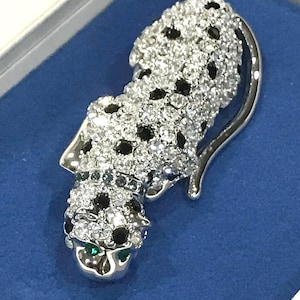 Nice Vintage KJL for Avon Black Enamel Clear Rhinestone Panther Brooch