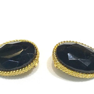 Vintage Les Bernard Oval Black Glass Gold Tone Earrings