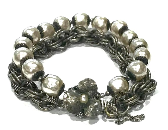 Vintage Miriam Haskell Baroque Pearl Bracelet, Tw… - image 1