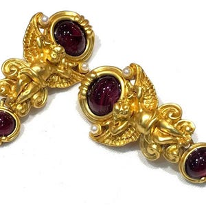 Vintage Elizabeth Taylor Avon Earrings: Ruby Cabochon, Faux Pearl Cherub