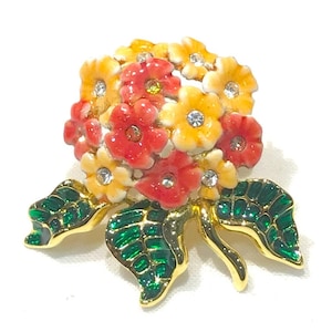 Pretty Vintage Petite Joan Rivers Red and Light Yellow Enamel Flower Bouquet Flower Brooch