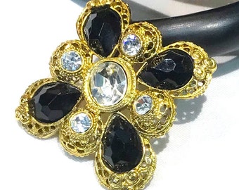 Pretty Vintage  Black Acrylic Clear Rhinestone Maltese Cross Brooch