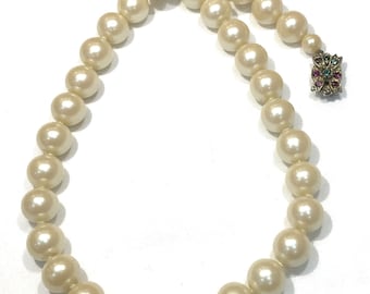 Pretty Vintage Glass Knotted Faux Pearl Strand with Multi Coloured  Rhinestone Clasp