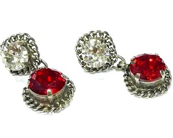 Pretty Vintage Sorrelli Clear and Ruby, Silver Tone Chain  Dangle Earrings (Pierced)