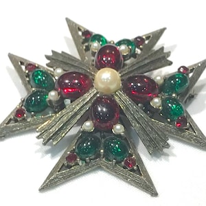 Nice Vintage Weiss Marble Red Green Resin Cabochon, Red Rhinestones and Faux Pearl  Maltese Cross Brooch/Enhancer