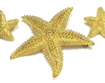 Nice Vintage Monet Textured Golden Starfish Brooch and Earrings