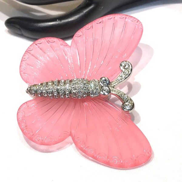 Pretty Large Vintage KJL (Kenneth Jay Lane)  Pink Resin and Clear Rhinestone Butterfly Brooch