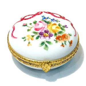 Vintage Le Gallee Porcelain Trinket Box: Hand Painted Roses & Bow
