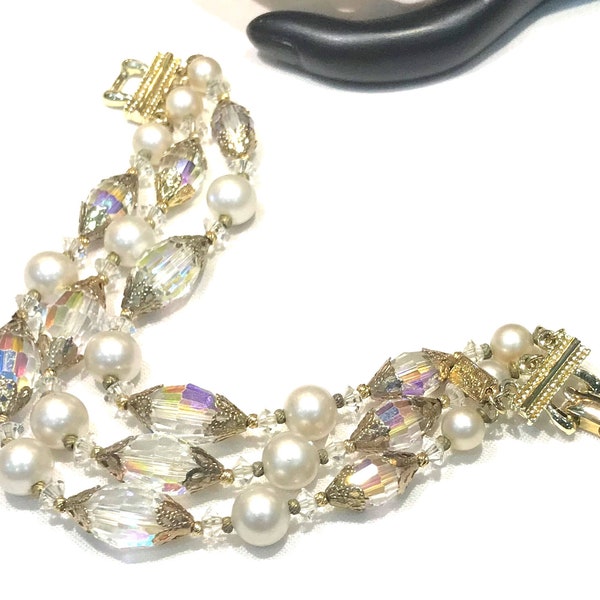 Beautiful Vendome Faux Pearl, AB Crystal Three Strand Bracelet