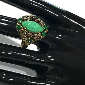 Vintage Peking Glass, Green Rhinestone Filigree Tiered Ring