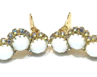 Pretty Vintage Kramer White Faceted Glass and AB Rhinestone  Curved Earrings