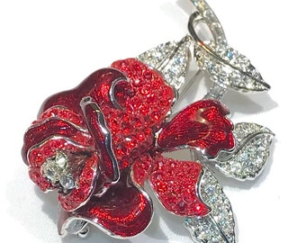 Vintage Nolan Miller (Glamour Collection), Red, Clear Rhinestones and Red Enamel First Lady Nancy Reagan Rose Brooch