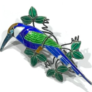 Nice Vintage Colorful Cloisonne Enamel Blue, Green, White and Brown Bird Brooch