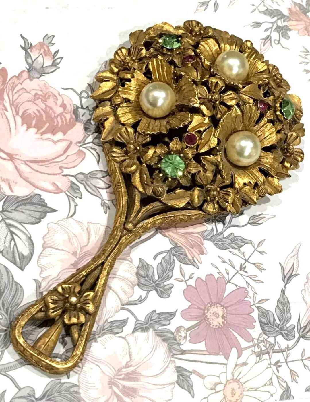 【絶版希少・ヴィンテージ】Florenza（フロレンザ）ミニハンドミラー 手鏡 Vintage Florenza Floral Jewelled Rhinestones and Faux Pearls Small