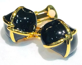 Nice Vintage Kenneth Jay Lane (KJL)  Black  Enamel Golden Criss Cross Earrings