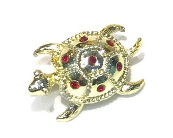 Broche Tortue Dorée Avec Carapace Rouge Et Noir émaillée – Strass Blancs – Vintage