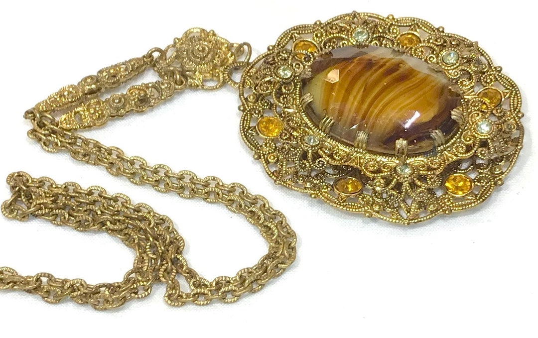 Vintage West Germany Topaz Brown Givre Glass and Topaz and Light Citrine Rhinestone Filigree Pendant Necklace - Etsy Vintage West Germany Topaz Brown Givre Glass and Topaz and Light Citrine Rhinestone Filigree Pendant Necklace - Etsy