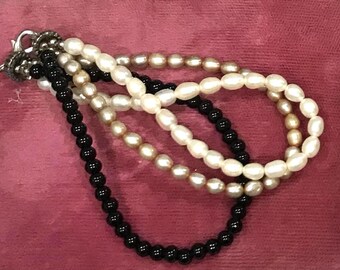 Vintage Three Strand  Faux Fresh Water Pearl and Black Onyx Bracelet