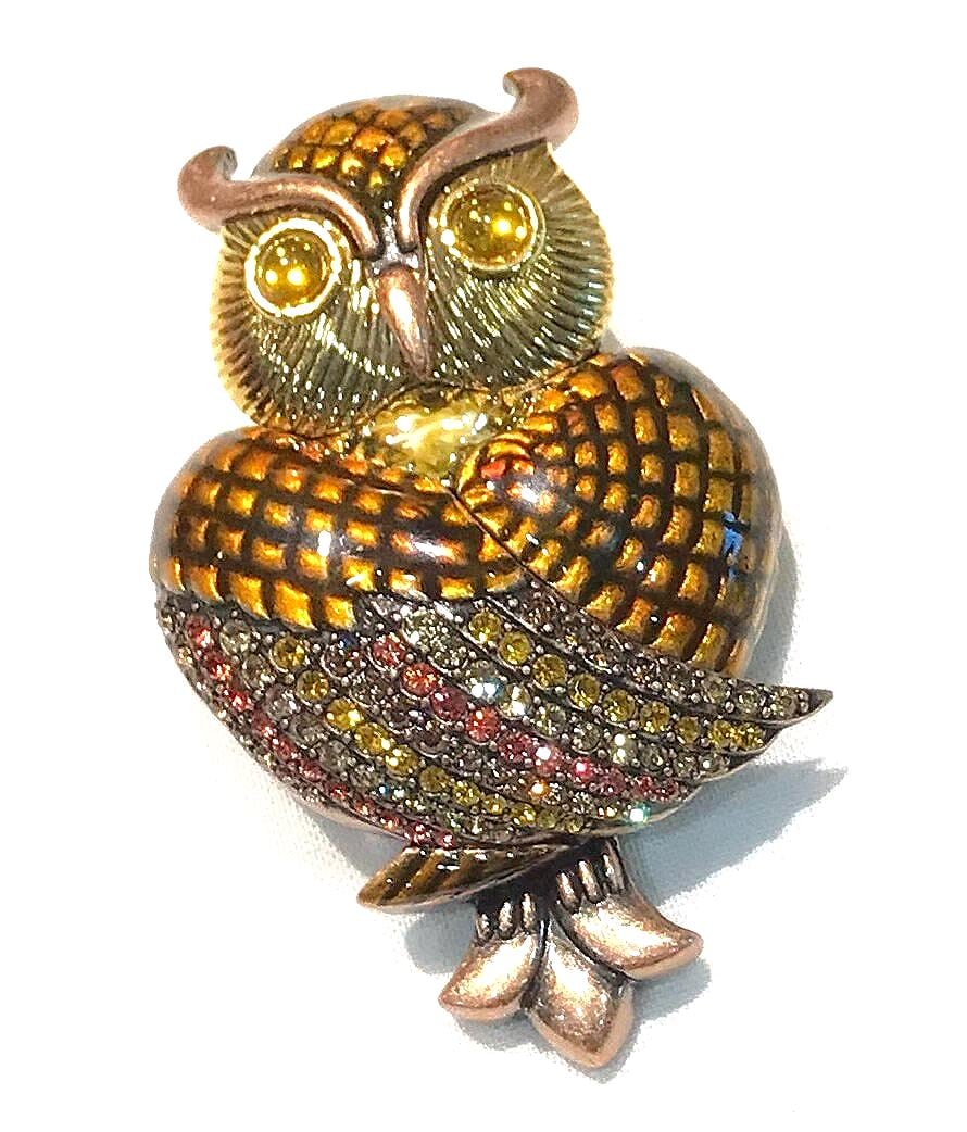 Vintage Joan Rivers Owl Brooch: Brown Enamel Rhinestone Copper Tone