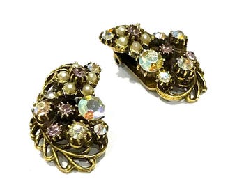 Vintage Florenza AB Rhinestone, Faux Seed Pearl and Green Rhinestone Earrings