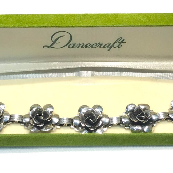 Beautiful Vintage Sterling Silver Danecraft (Felch) Rose Link Bracelet