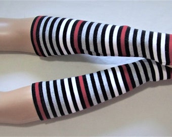 Cotton, Knit, Jersey, Stripes,  Long, Gray melange + Red + Black, Soft, Gloves, Boho, Punk, Yoga, Sleeves with Thumb Holes. IDEAL for HER