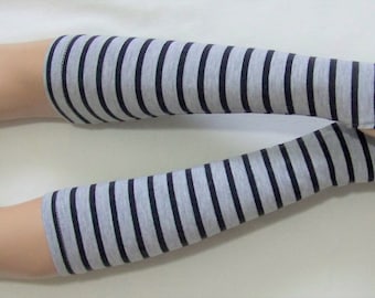 Long, Cotton, Knit, Jersey, Stripes, Gray melange and Black, Soft  Fingerless Gloves,Boho,Punk,Yoga, Sleeves with Thumb Holes. IDEAL for HER