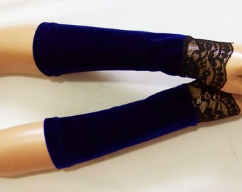Cobalt, Jersey, Short, Simple, Comfortable, Fingerless Gloves, Velvet and Lace, Hippie, Gothic, Arm Warmers. IDEAL for HER