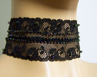 Choker, Baroque, Black, Lace, Romantic, Gothic, Small colored glass beads, Vampire, Necklace,  IDEAL for HER