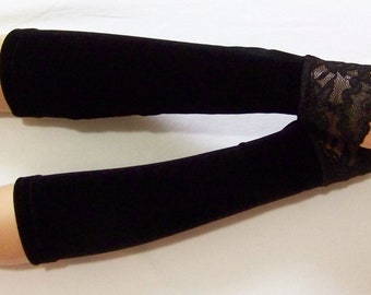 Black, Jersey, Short, Simple, Comfortable, Fingerless Gloves, Velvet and Lace, Hippie, Gothic, Arm Warmers. IDEAL for HER