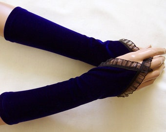 Kobaltfluwelen armwarmers, vingerloze handschoenen van gotisch kant