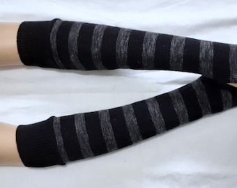 Merinowool, Knit, Jersey, Stripes,Long,Black and gray melange,Soft,Fingerless Gloves,Boho,Punk, Sleeves with Thumb Holes. IDEAL for HER