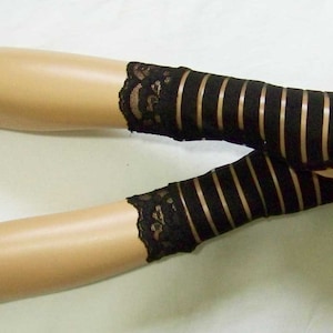 Knit, Jersey, Lace, Stripes, Black, Short, Fingerless Gloves, Boho, Punk, Yoga, Arm Warmers with Thumb Holes. IDEAL for HER