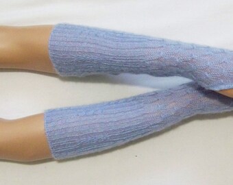 Wool+Mocher+Polyamide, Long,Very Soft Fingerless Gloves,Delicate,Upcycled,Blue,Elegant,Nice Arm Warmers with Thumb Holes. IDEAL for HER