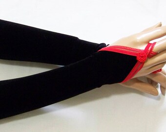 Gothic zwart fluwelen vingerloze handschoenen, rode kanten armwarmers