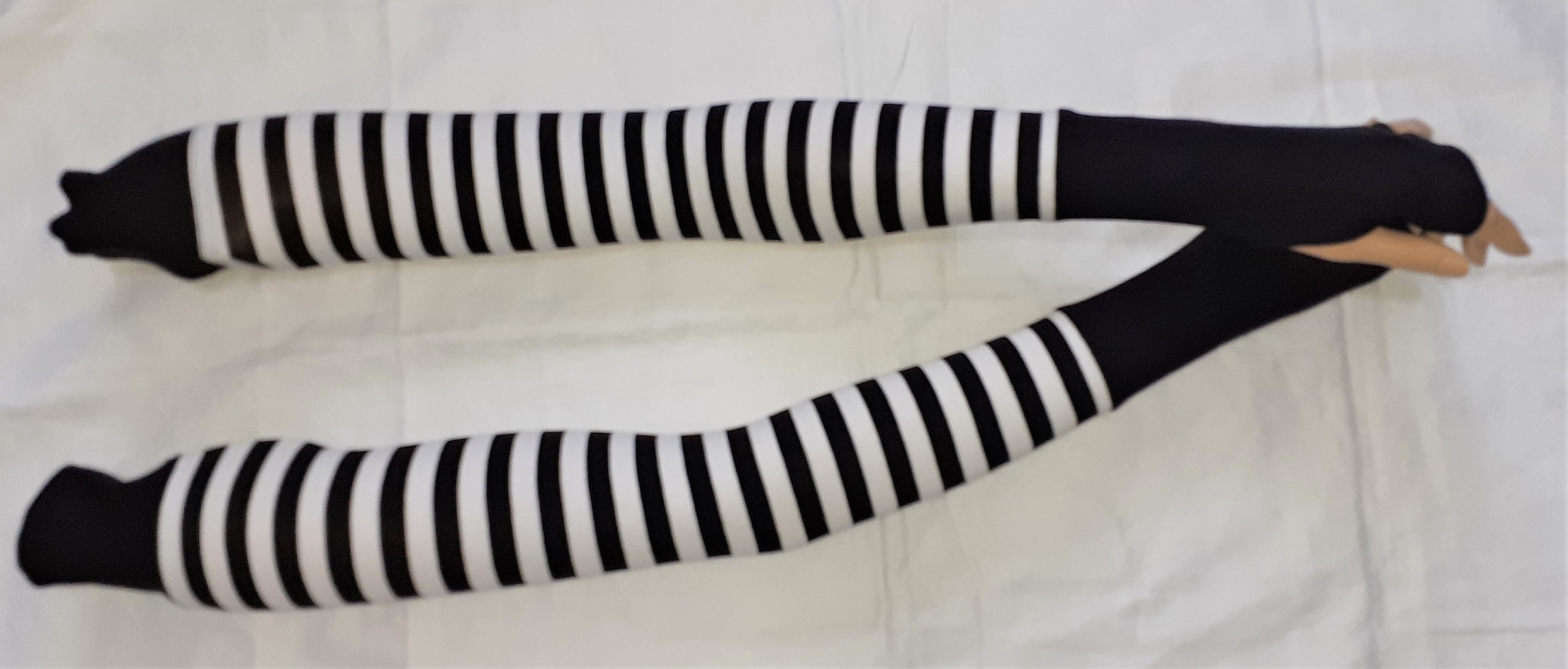 Cotton,Knit,Jersey,Stripes,Very Long,White and Black,Soft  Fingerless Gloves,Boho,Punk,Yoga,Cycling, Sleeves with Thumb Holes. IDEAL for HER